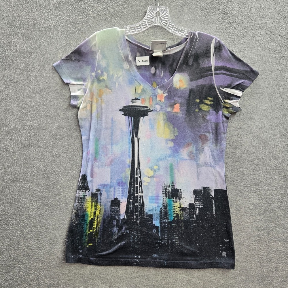 VINTAGE Space Needle Women Top S Purple Shirt Seattle Water Paint Night City Y2K